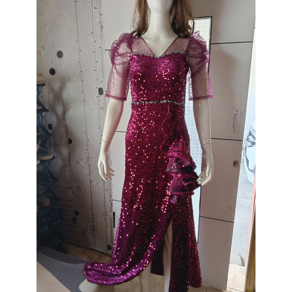 gaun pesta bludru sequin/blink-blink wanita dress mewah panjang