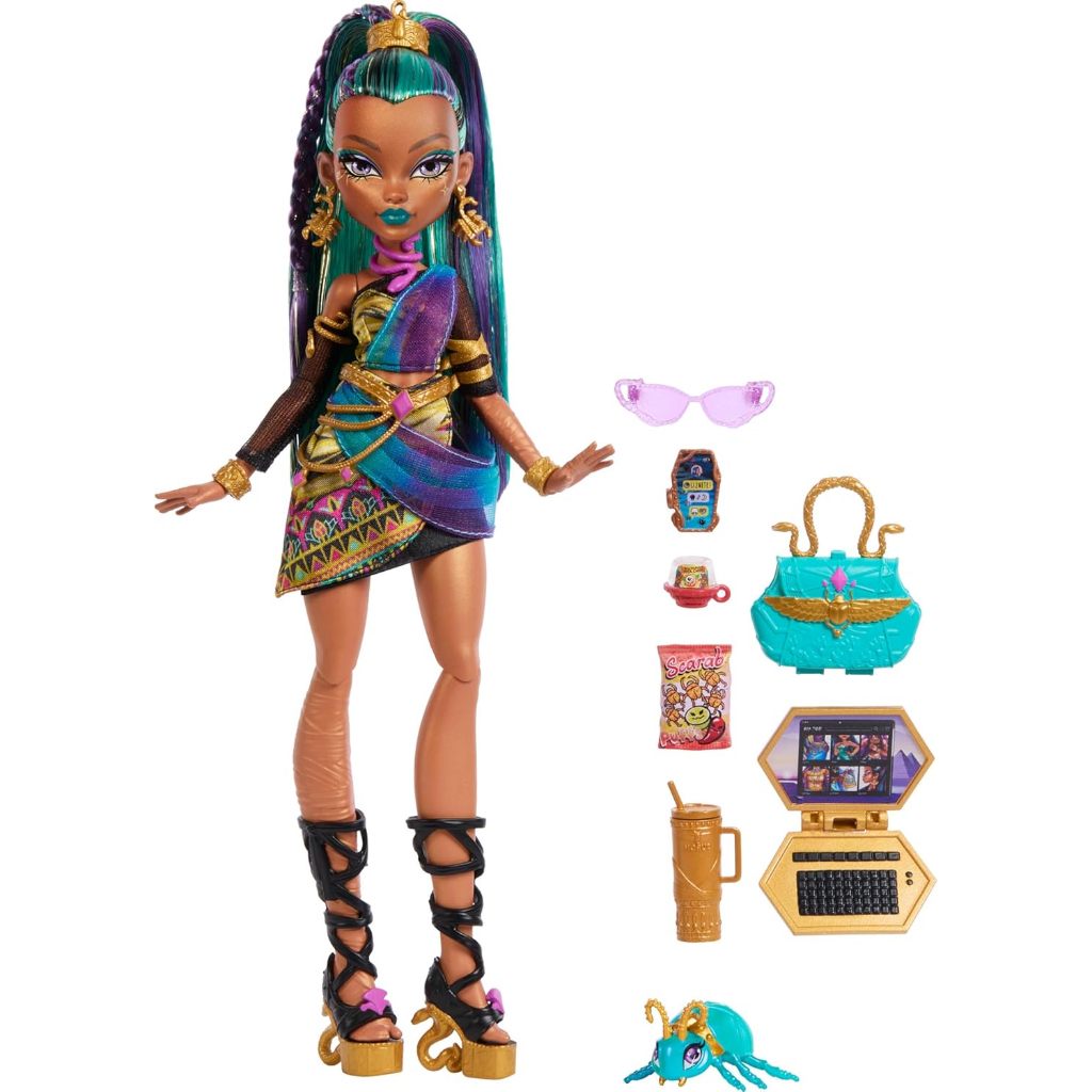 Monster High Nefera De Nile Doll, Royal Mummy in Dress with Pet Scarab Lavish and 7 Accessories Like