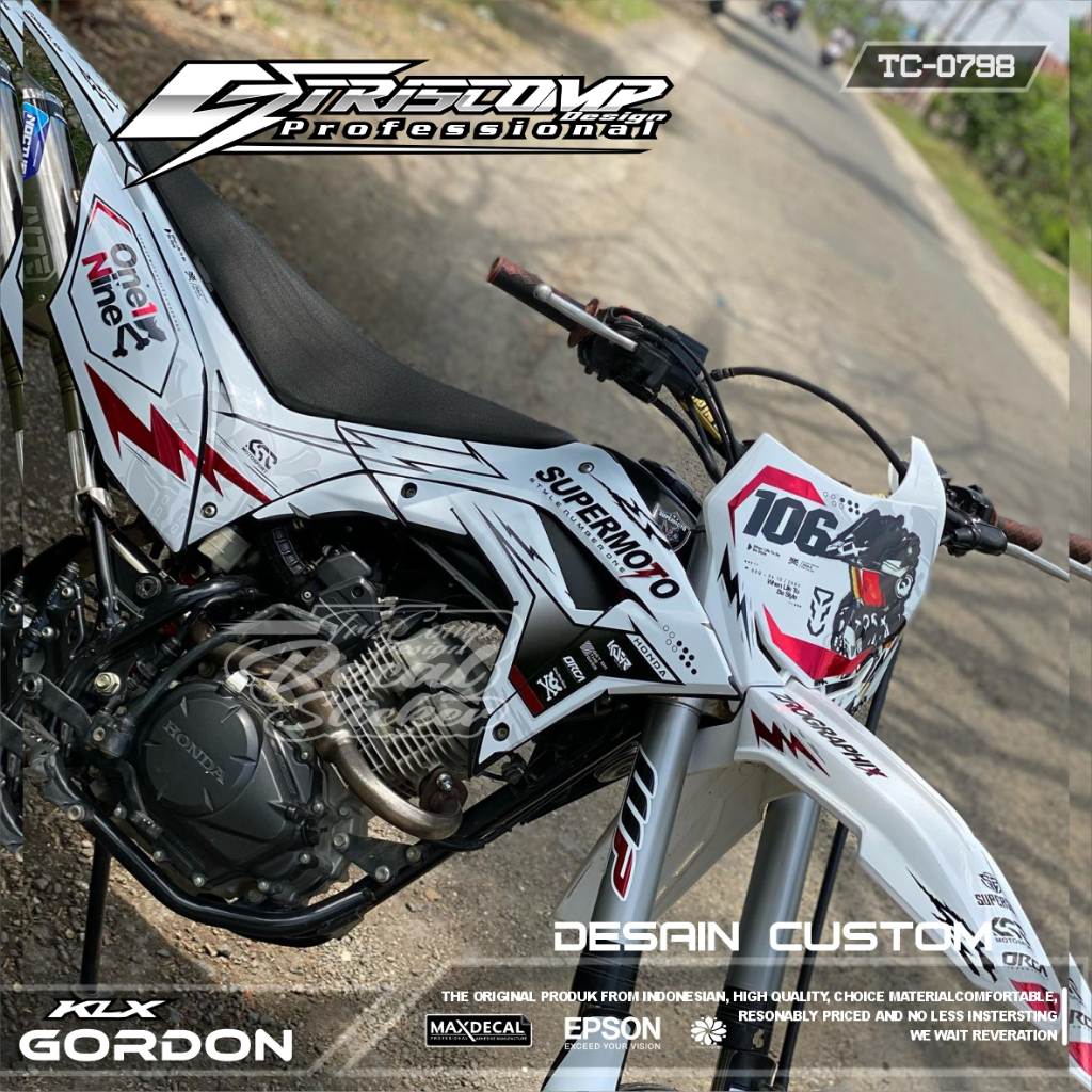 DECAL STICKER KLX BODY GORDON MOTIF CUSTOM KOMBINASI LIST MERAH CANDY SILVER TIMBUL DECAL STIKER MOT