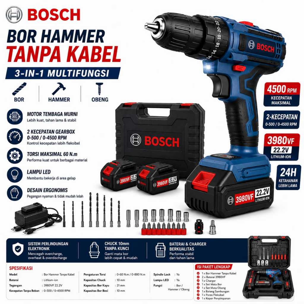 Bor Listrik Baterai Cordless Bosch 2 Set Baterai 36V Bor Baterai Bosch Nilwayar Tanpa Wayar