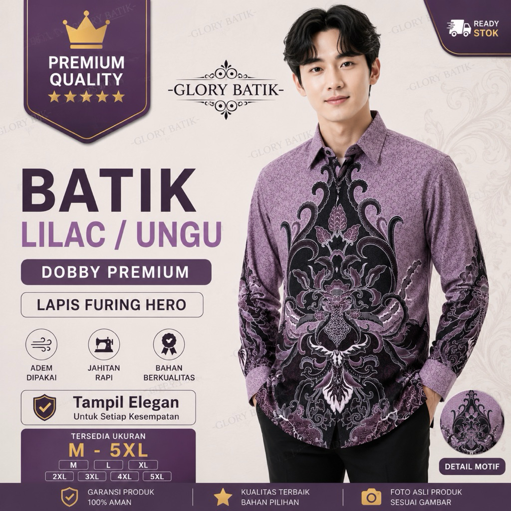 Atasan Batik Pria Ungu Lilac Dobby Premium | Seragam Batik warna lilac Dobby Furing | Kemeja Dobby B