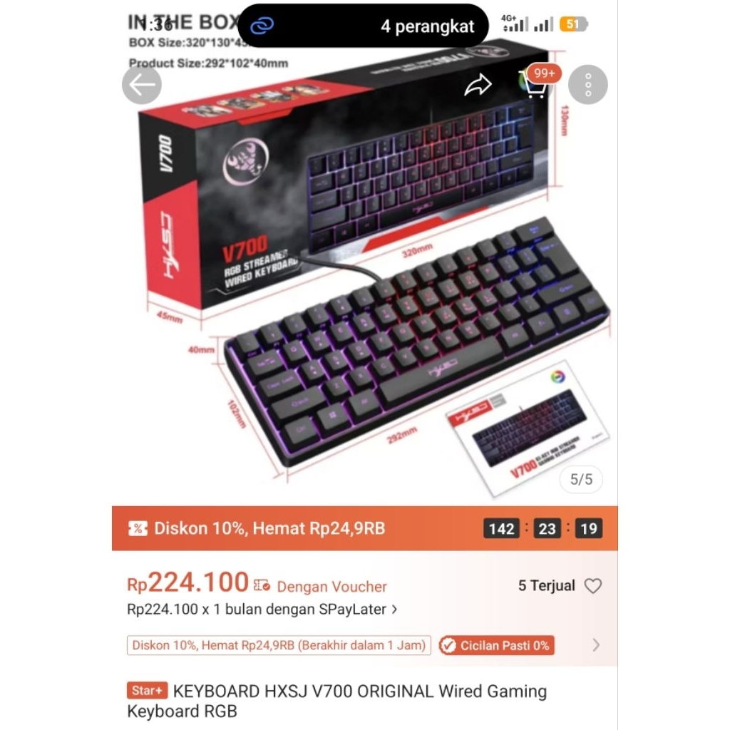KEYBOARD HXSJ V700 ORIGINAL Wired GamingKeyboard RGB