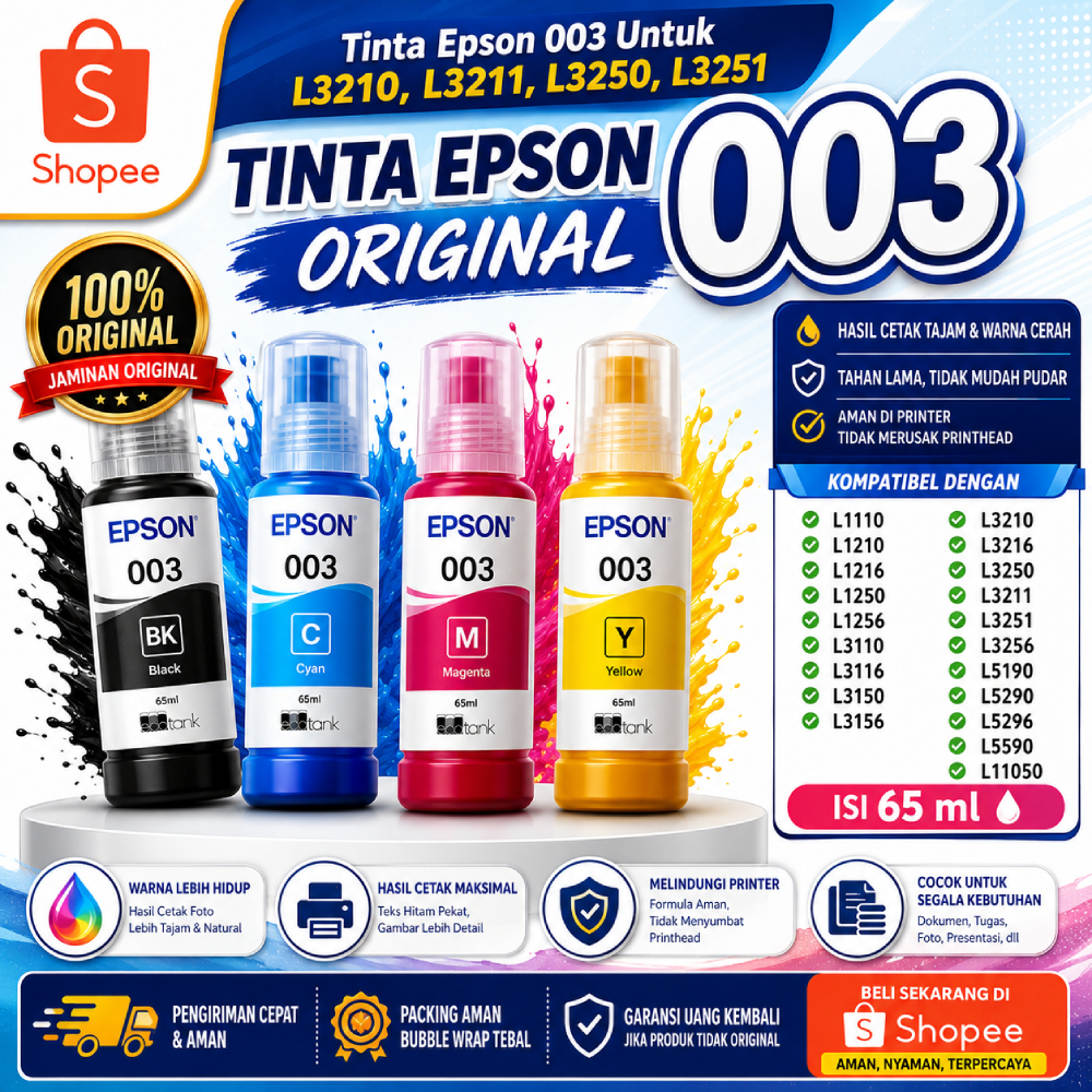 Tinta Epson Original 003 65ml - Tinta Printer Epson L3110/L3150/L5190