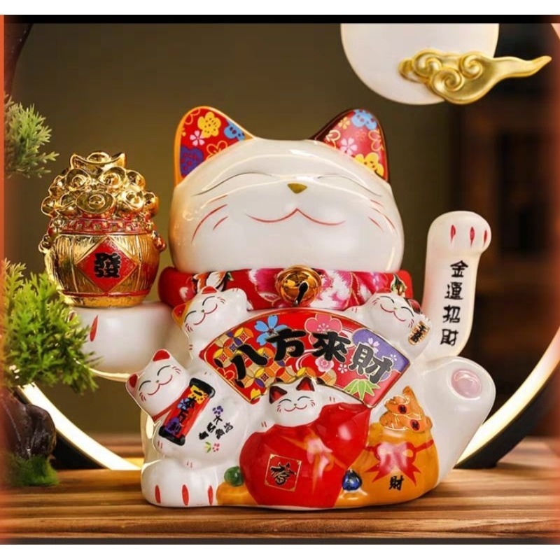 Pajangan Kucing Keramik Maneki Neko Patung Kucing Hoki Tangan Goyang
