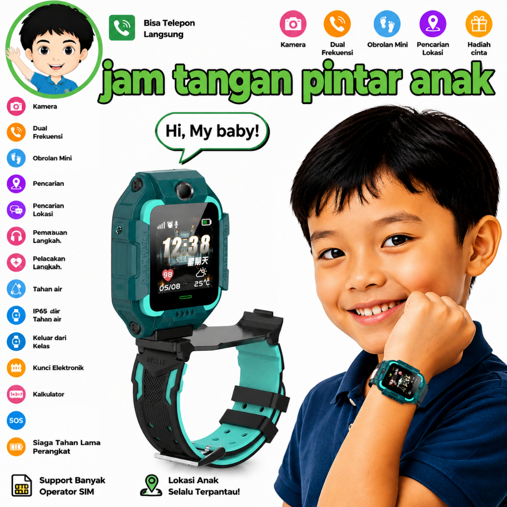 The New 2026 Kids' 2G Smartwatch Q19XZ  anak dengan Kamera HD Putar 360° DualKamera Bisa di putar  K