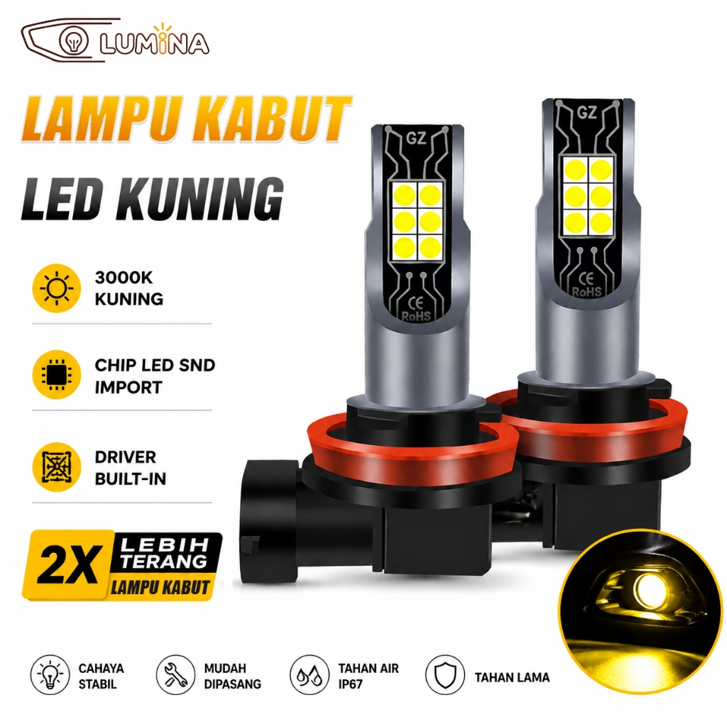 LUMINA Upgrade Lampu Kabut LED H11 H8 880 881 12V Foglamp Mobil 3000K Kuning Ganti Halogen Lebih Ter