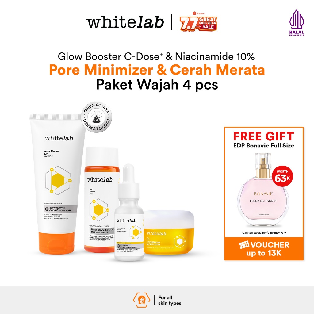 Whitelab 4 pcs Glow Booster C-Dose+ Brightening Paket Wajah - Facial Wash, Toner, Serum, with Moistu