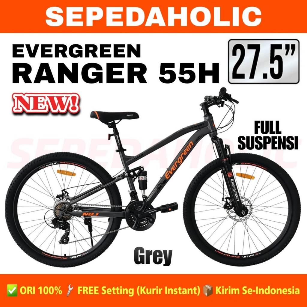 Sepeda Gunung MTB EVERGREEN RANGER 55H 55J 50B Ukuran 26 27.5 Inch 21 Speed Full Suspensi Rem Cakram