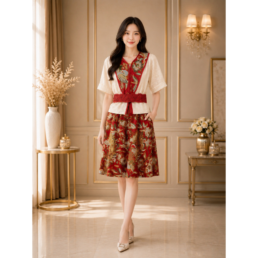 Dress Batik Wanita Midi Marun + Outer Organza Elegan
