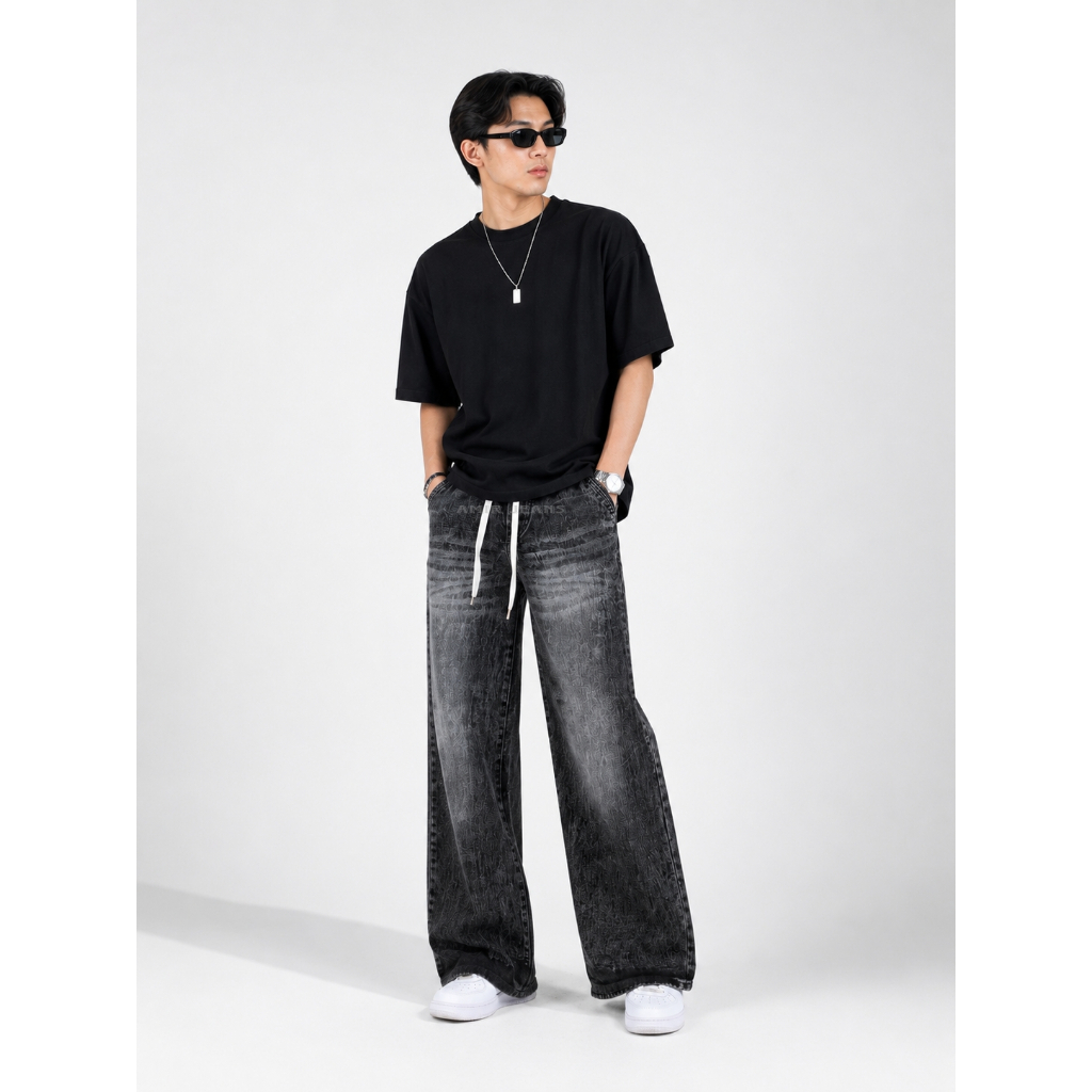 Celana Jeans Panjang Pria Loose Pant Pinggang Karet Kolor