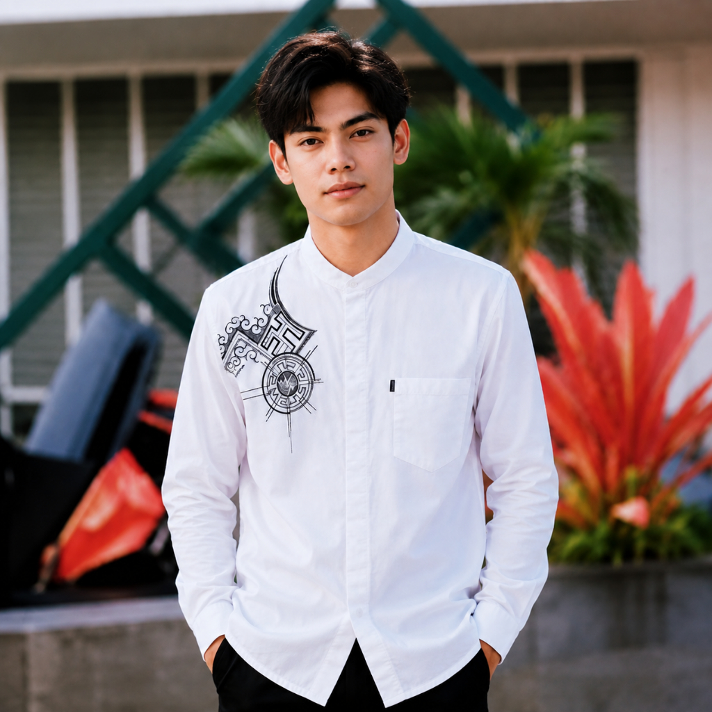 Koko Pria Putih Kemeja Koko Pria Putih Lengan Panjang Kerah Shanghai Motif Grafis Modern Putih Lenga