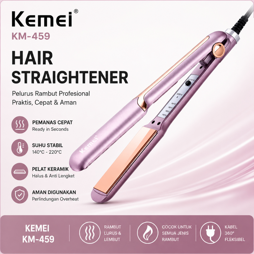Kemei KM-459 Catok Rambut Professional Hair Straightener Ceramic Plate Cepat Panas Styling Halus & T