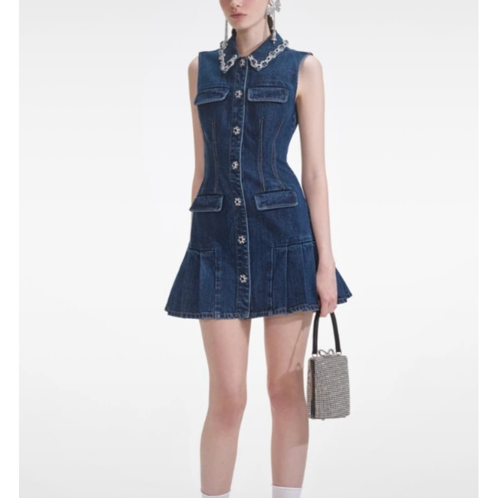 SELF PORTRAIT EMBELLISHED DENIM DRESS