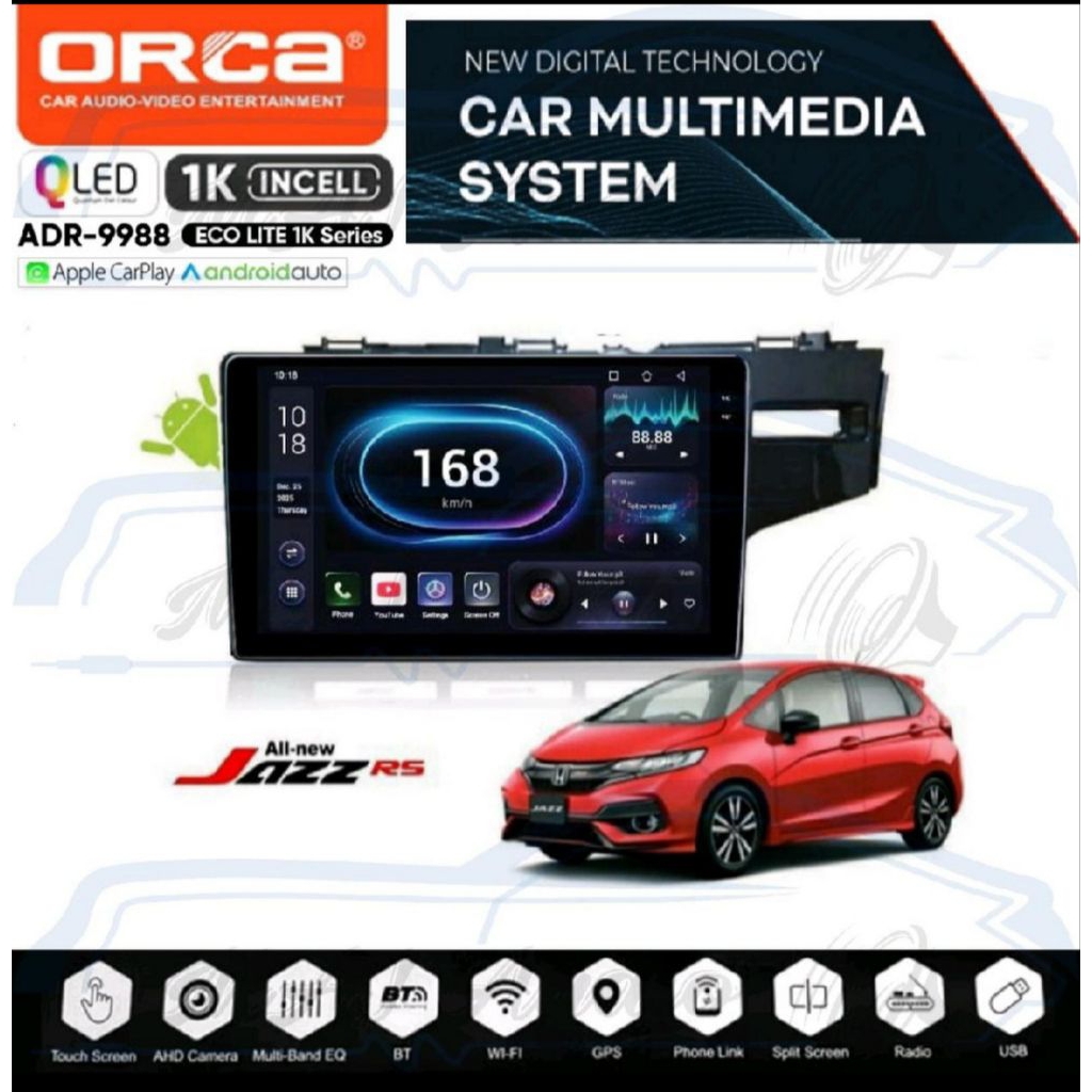 HEAD UNIT TAPE TV MOBIL DOUBLE DIN ANDROID MERK ORCA/DHD/SKELETON UNTUK HONDA ALL NEW JAZZ RS LAYAR 