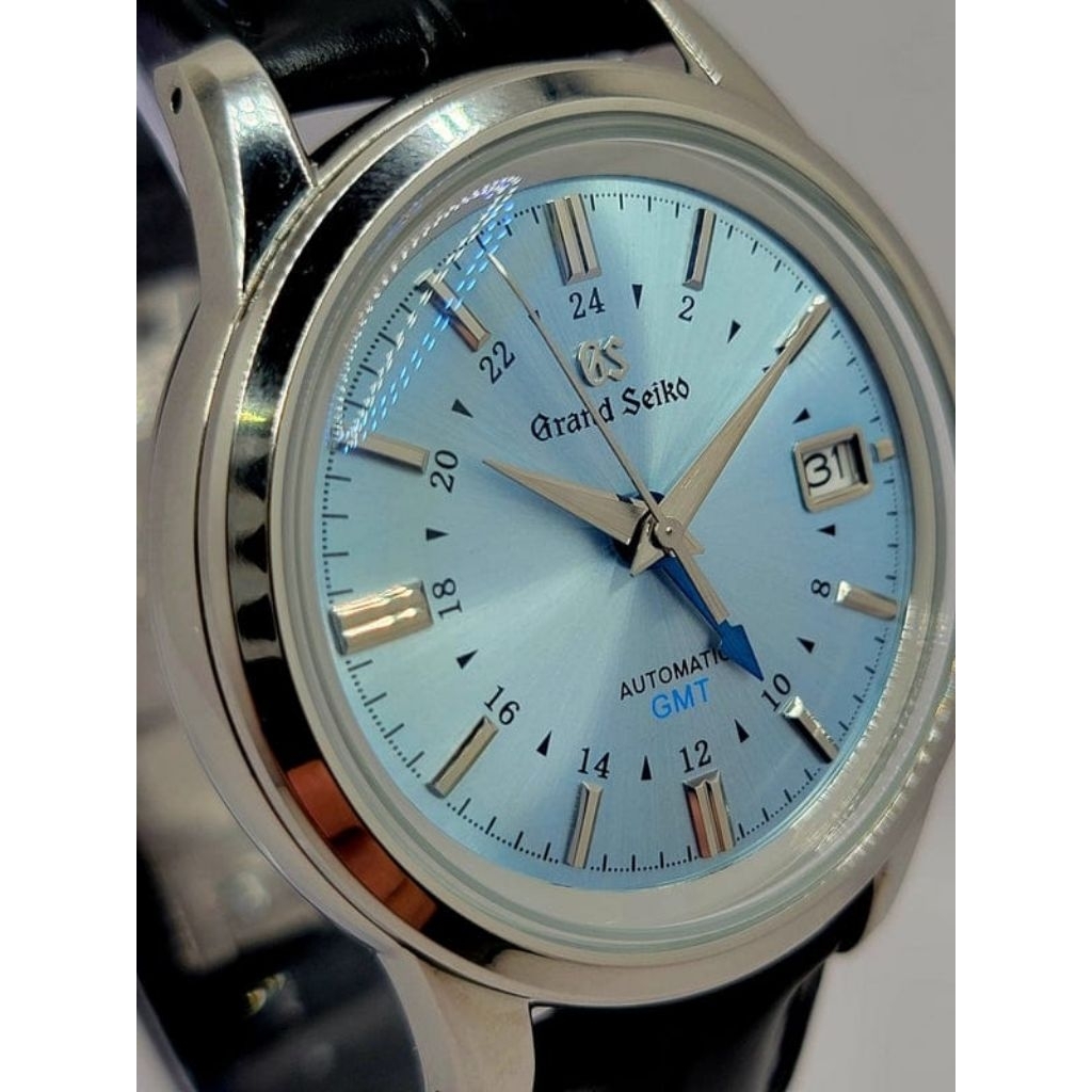 CUSTOM MOD (GRAND SEIKO ELEGANCE GMT) LT BLUE DIAL LEATHER STRAP AUTO NH34 NEW