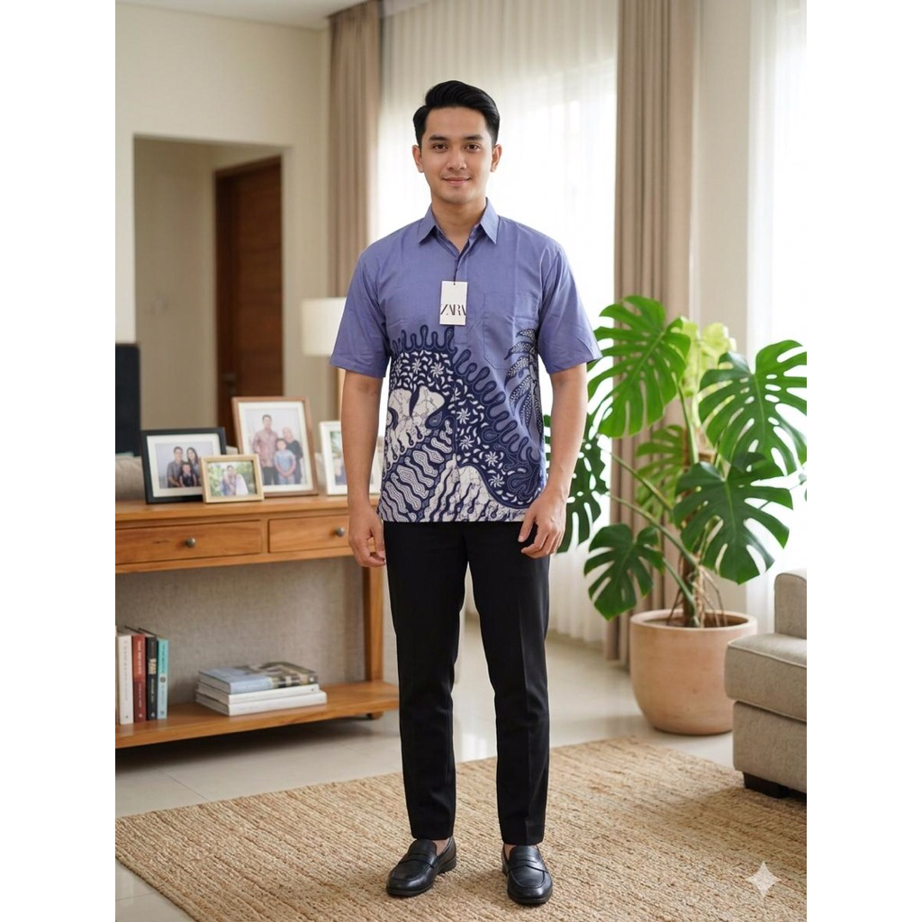 Batik pria lengan pendek warna denim motif simple