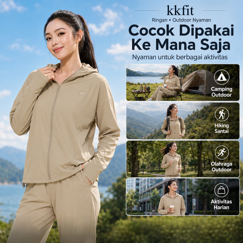 KKFIT ORI 100% Jaket Olahraga Wanita - Nylon Oversized Hoodie Anti UV, UPF100+ Cocok Gym (J011)