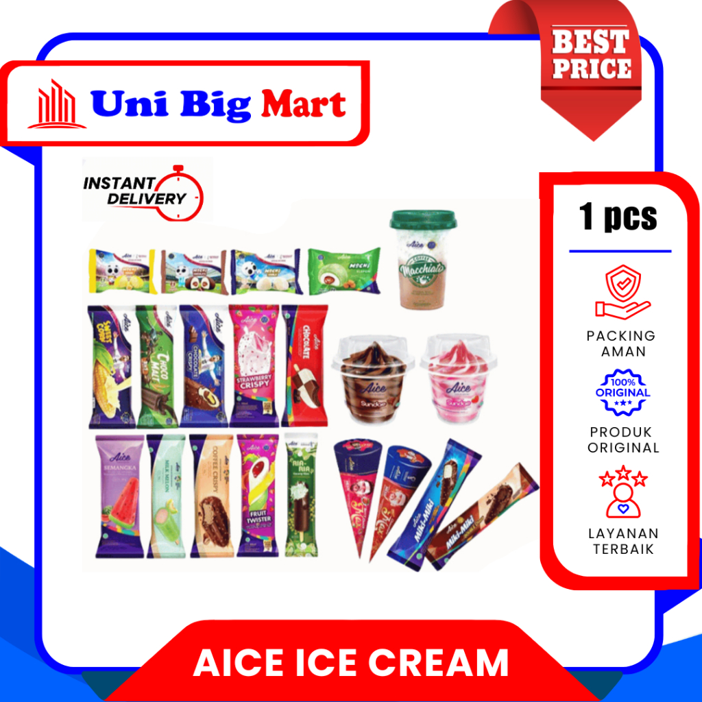 AICE ICE CREAM MOCHI DURIAN | KLEPON | CHOCOLATE | STRAWBERRY | CRISPY SUNDAE CONE ES KRIM