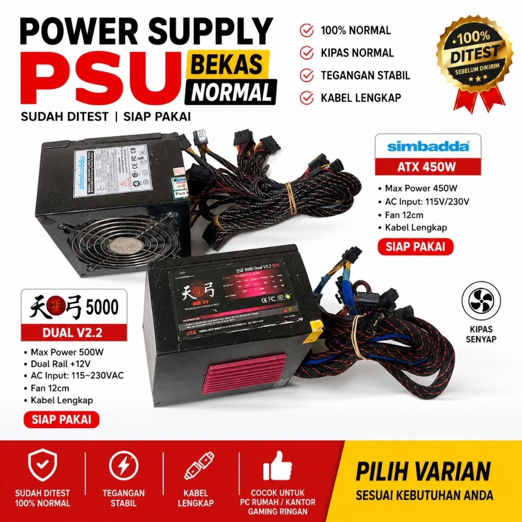 Power Supply  PURE ATX 450W & 500W Bekas Normal | Simbadda 450W  Cheongung 5000 Dual V2.2  Siap Paka