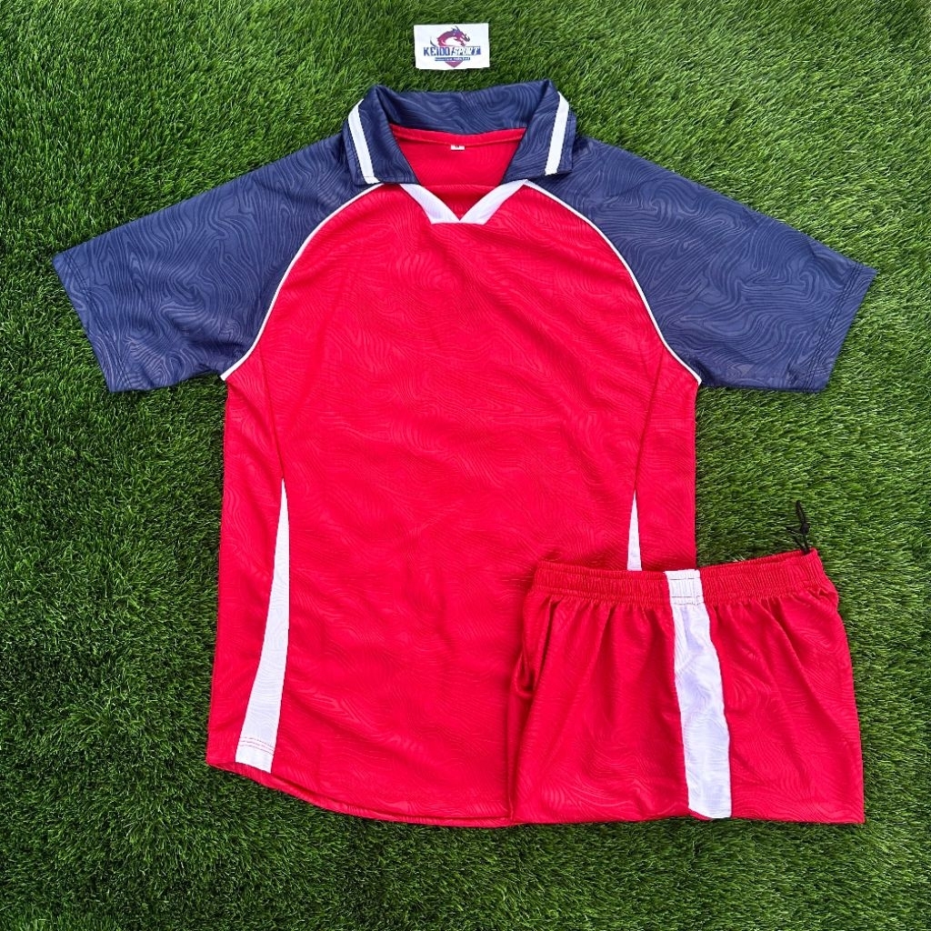 EMBOSH - MERAH NAVY BAJU BOLA SETELAN FUTSAL BAHAN EMBOSH TOPO