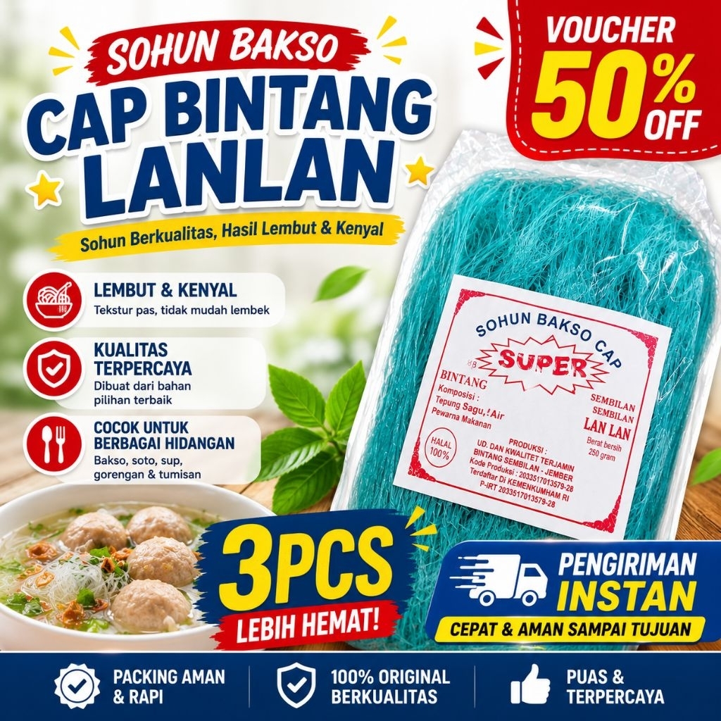 3 PCS SOHUN BAKSO SOHUN SOTO SOHUN PASTEL CAP BINTANG LAN-LAN. SOHUN KENYAL. MIE SOHUN. PENGIRIMAN I