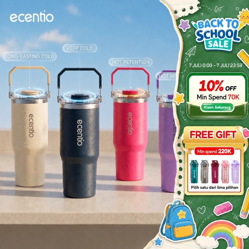 [Shop Live] ecentio Tumbler Stainless 900ml Portable Thermos Botol Minum Besar Dengan Tas Tahan Pana