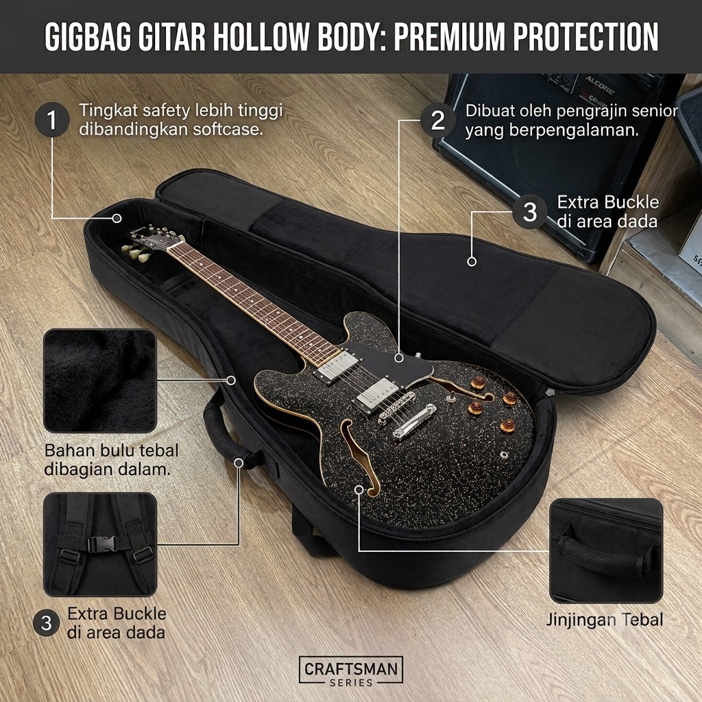 Gigbag Gitar Elektrik Hollow Body dengan Bulu Tebal Premium