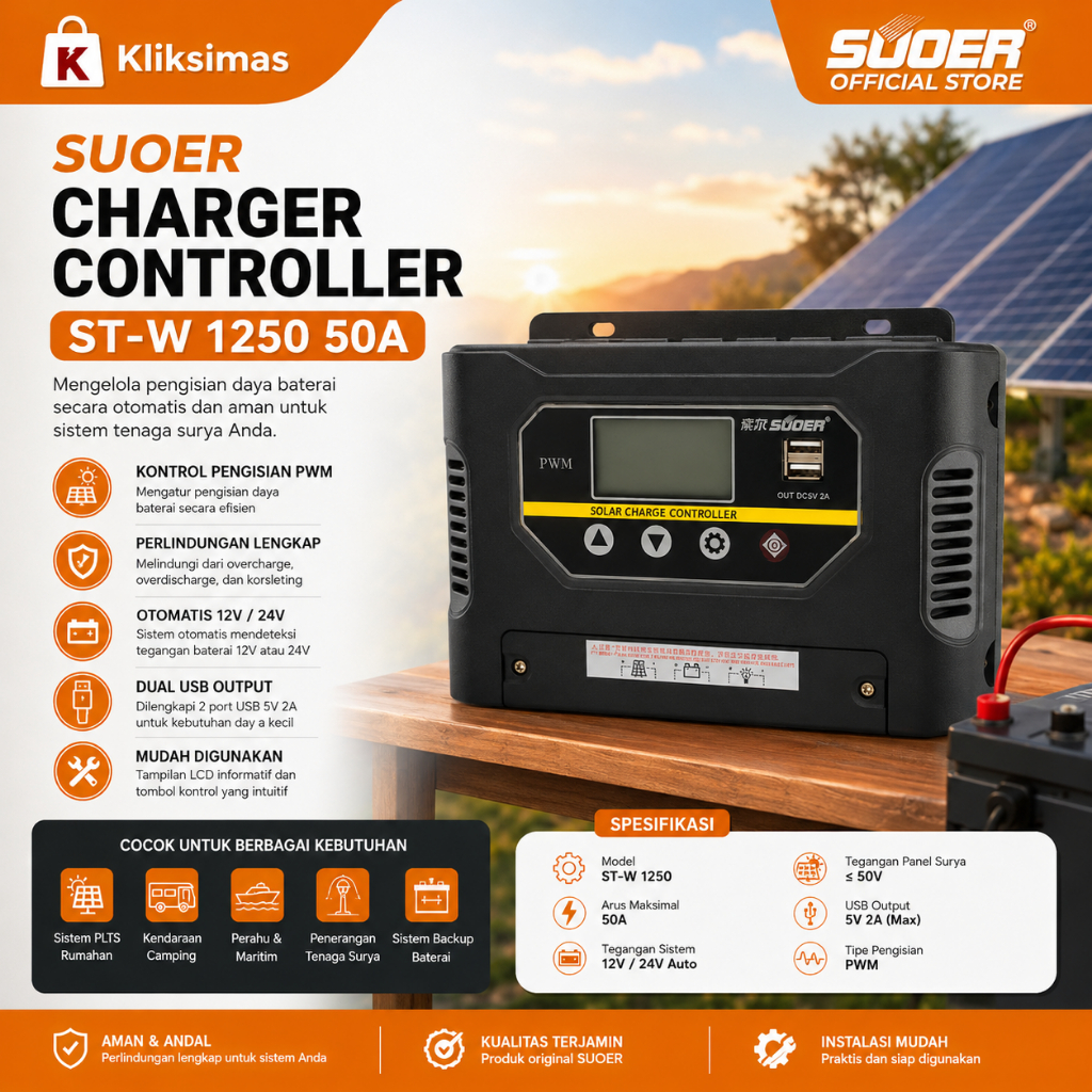 SUOER Controller Charger ST-W 1250 50A PWM Solar Charge Controller