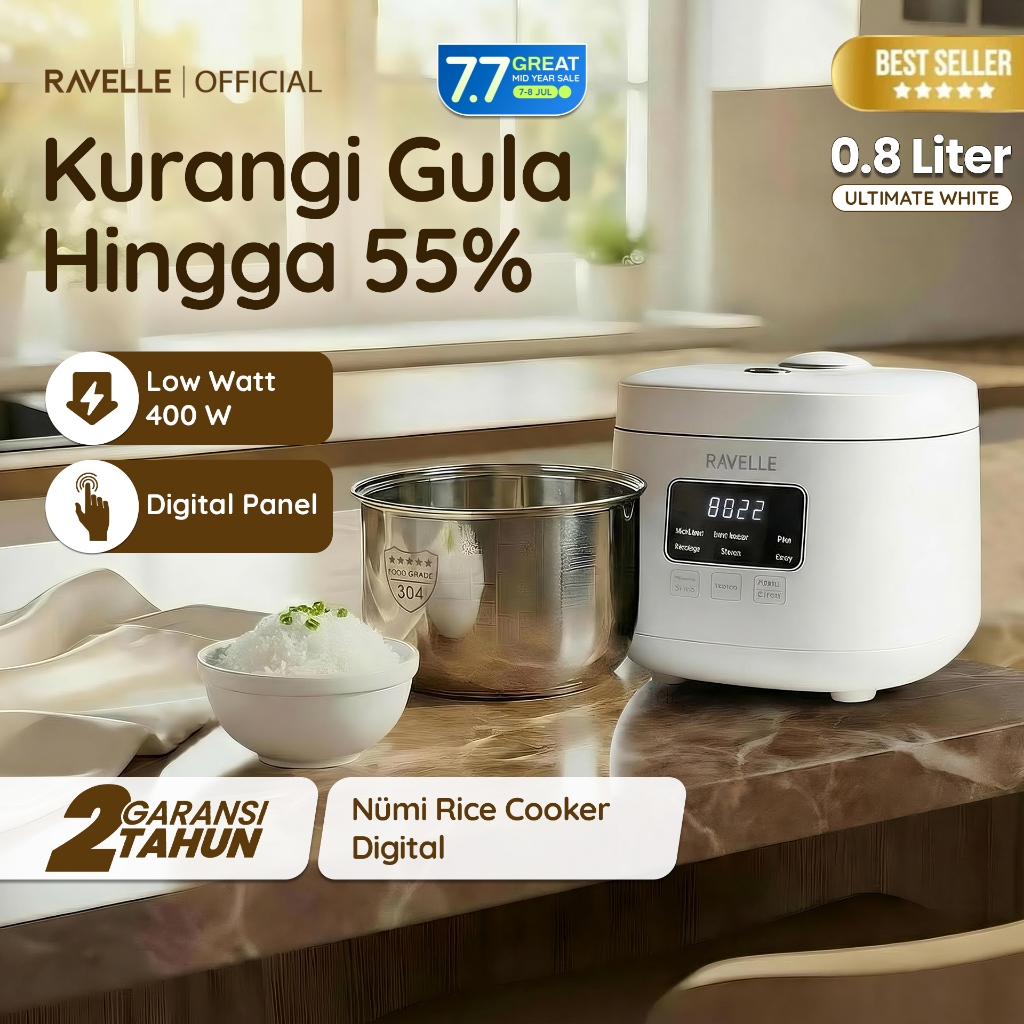 Ravelle NUMI Rice Cooker Digital Low Carbo 0.8 Liter Nasi - Penanak Nasi Low Watt ( Stainless Steel 