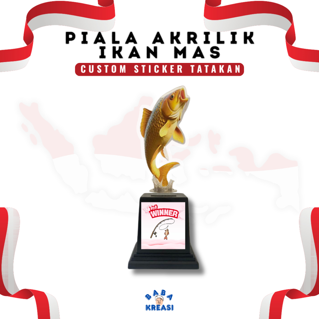 Piala Akrilik Ikan Mas Custom Sticker Souvenir Hadiah Kejuaraan Lomba Mancing