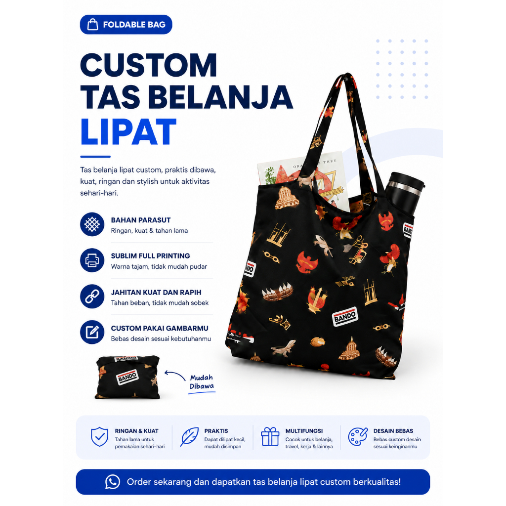 Sinergi Custom - Tas Lipat Belanja Parasut Foldable Bag Custom Full Printing Souvenir Tas Serbaguna