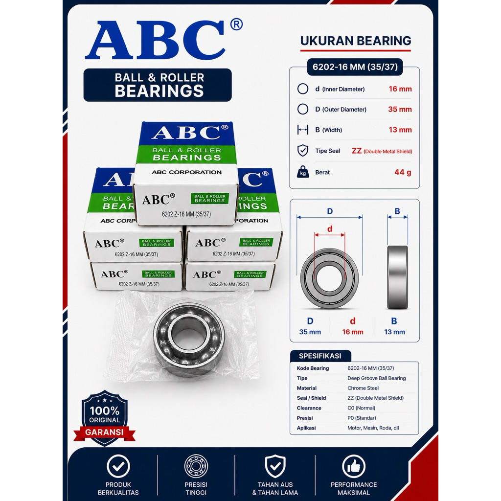 Bearing/ Laher Arco/Gerobak 6202 Z-16 M/M ABC (Minimal 5pcs)