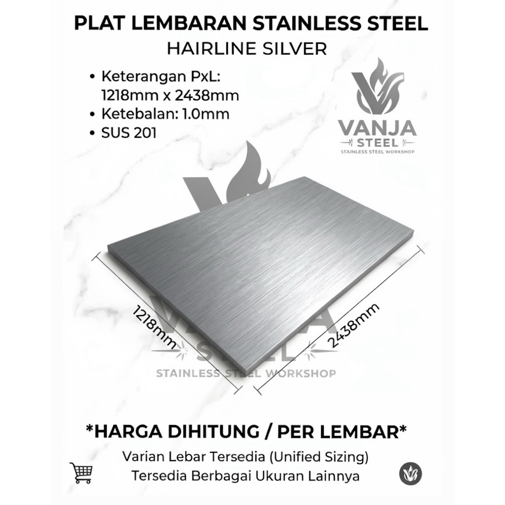 Plat Stainless Steel Hairline 201 Silver 1.0mm 4x8 - Plat Lembaran 1mm