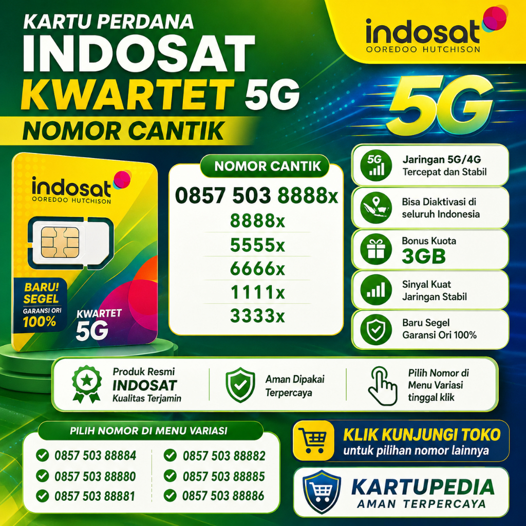 Indosat Ooredoo Hutchison Kartu Perdana Kwartet 5G Nomor Cantik Bonus Kuota 3GB ( KK70 )