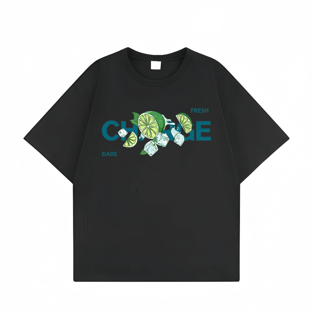 Kaos Wanita Oversize Kaos Oblong Lengan Pendek Motif Jeruk Nipis Es Segar Tulisan Charge Musim Panas