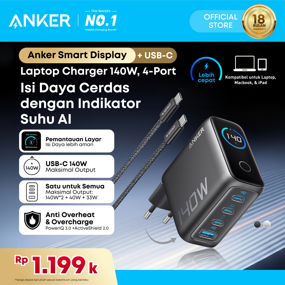 Anker Smart Digital Touch Display 140W GaN Charger Foldable Fast Charging 4 Ports with Type C Cable 