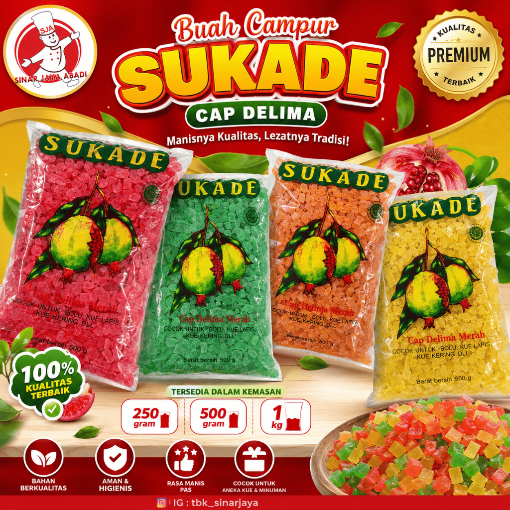 Sukade Cap Delima Repack (250Gram) (500Gram) (1Kg) -Premium ,Praktis