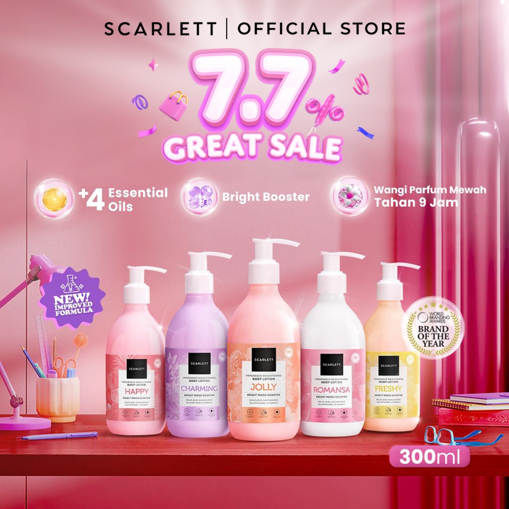 SCARLETT Fragrance Brightening Body Lotion Bright Mood Booster 300ml +4 Essential Oils 3X  Brighteni