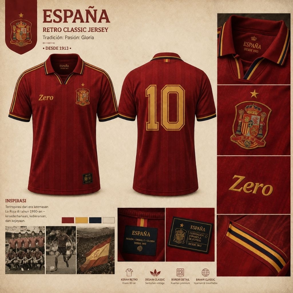 Jersey Retro Tim Nasional Spanyol Vintage Premi Zero | Jersey Bola Spanyol Retro Classic Home Vintag