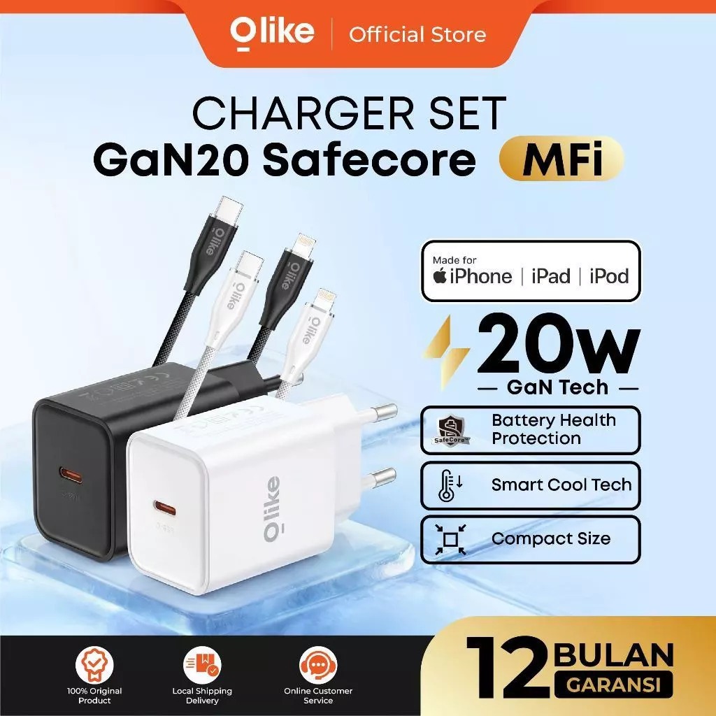 Olike Adapter Kepala Charger GaN SafeCore 20W MFI Iphone