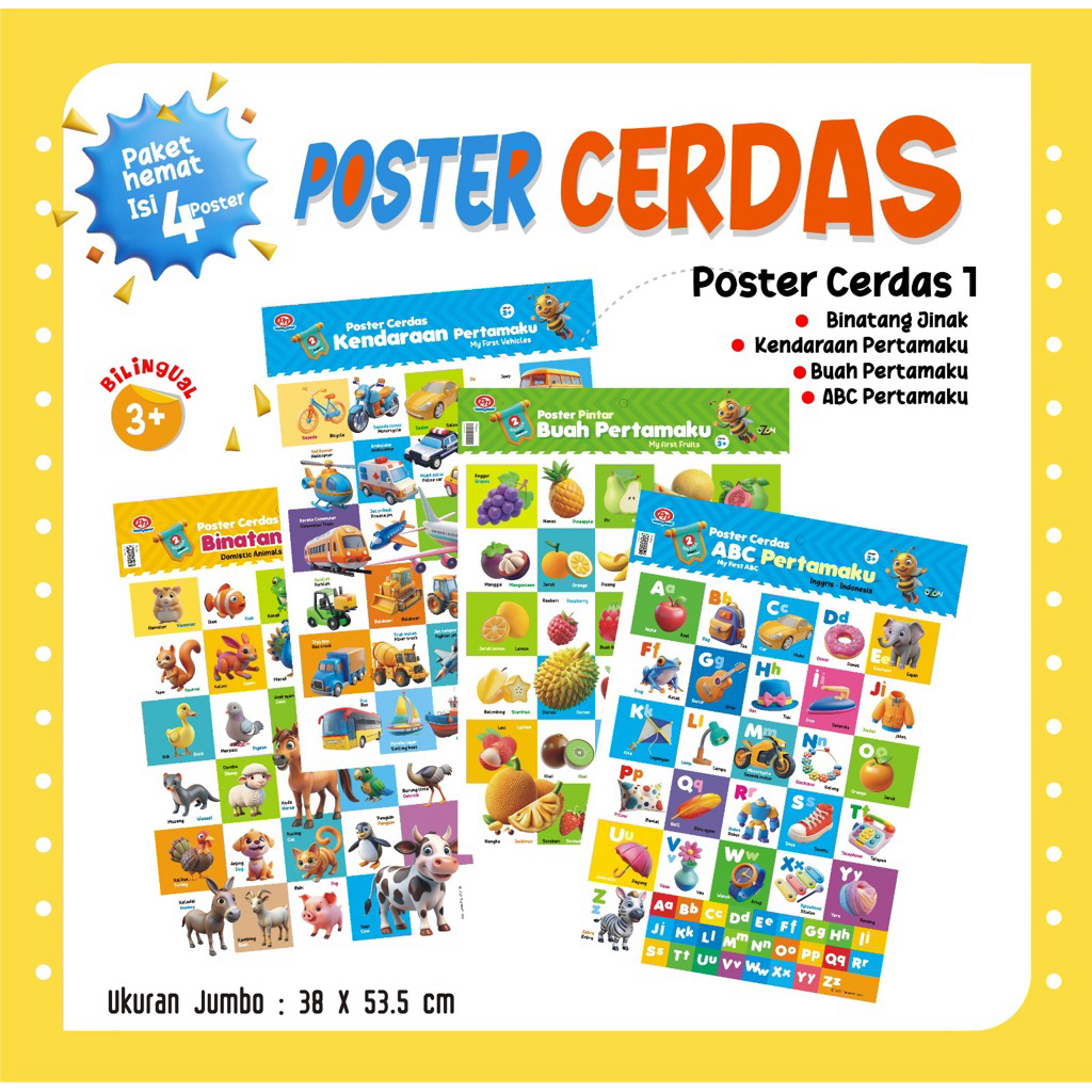 Poster Cerdas 1 - Paket Hemat 4 Poster untuk Anak 3+ Tahun - Binatang Kendaraan Buah ABC - Ukuran Ju