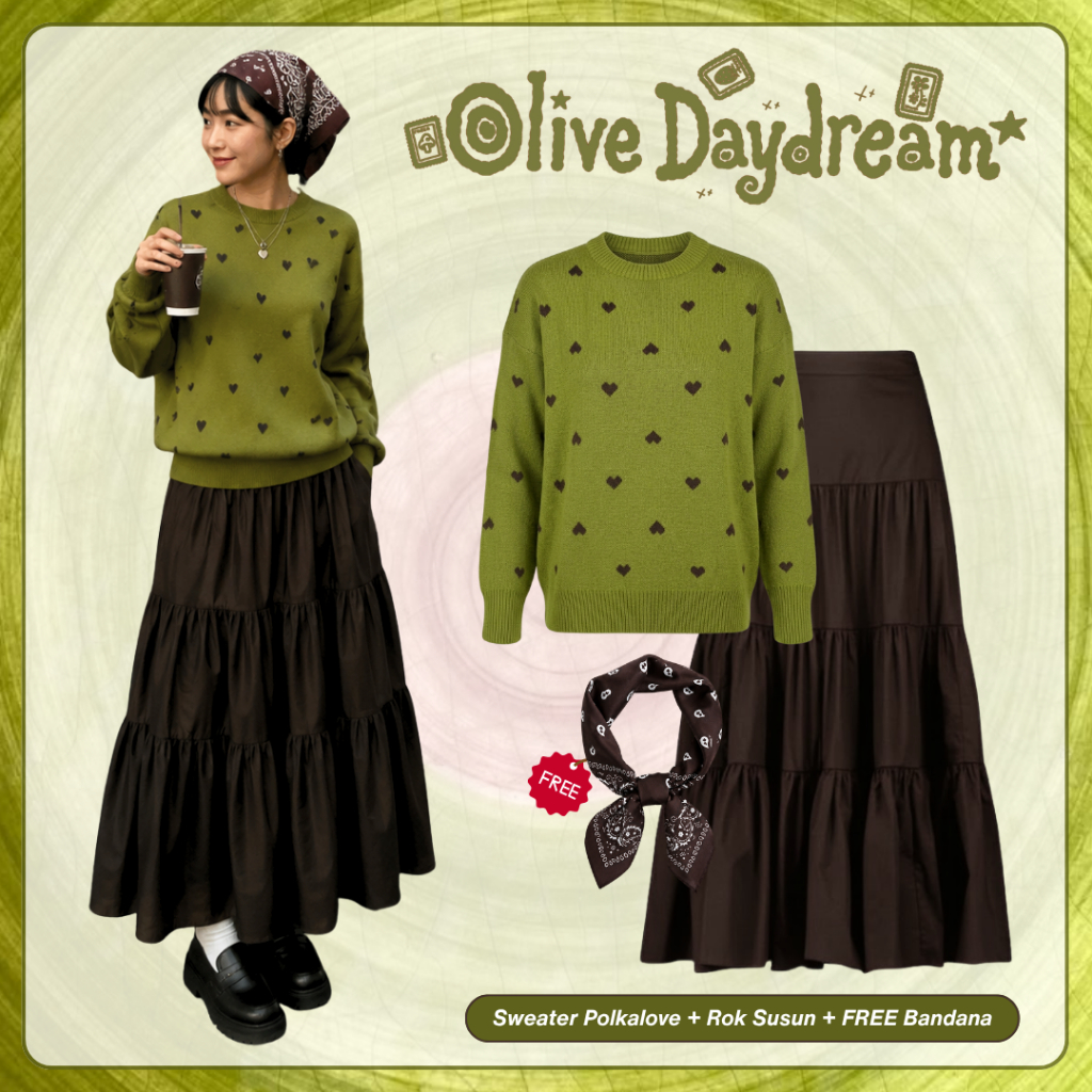 One Set 3in1 Wanita Green Olive Avocado Sweater Polkalove + Rok Susun + Free Bandana | SSA42