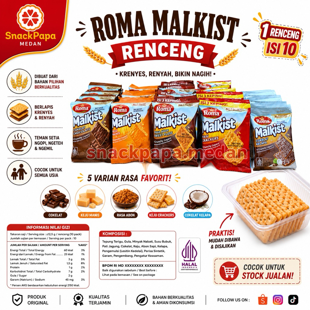 ROMA MALKIST RENCENG ISI 10 BUNGKUS @18G | BISKUIT ROMA MALKIST | ROMA MALKIST ABON | MALKIST KEJU |
