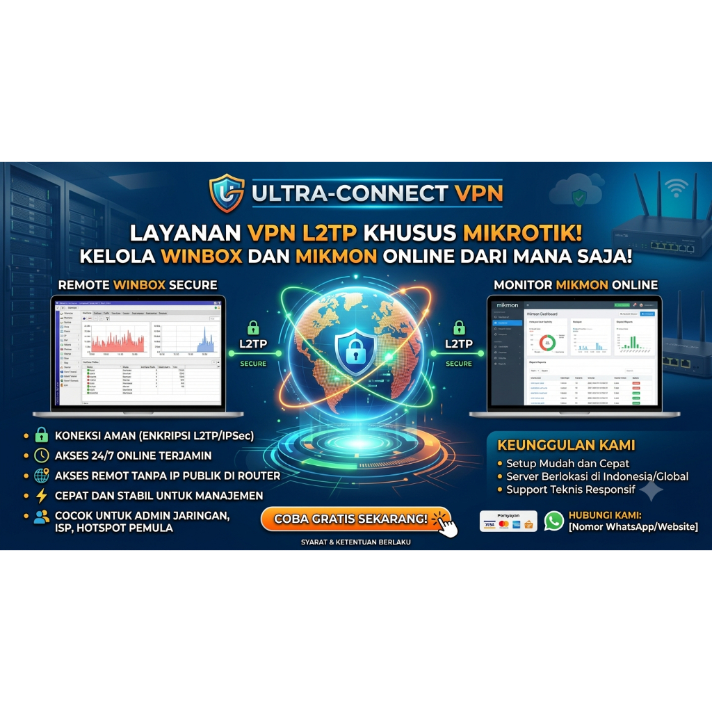 Ultra-Connect VPN L2TP MikroTik, Akses Winbox & Mikmon Online, Koneksi Aman 24/7