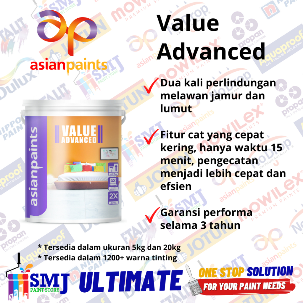 CAT TEMBOK INTERIOR ASIAN PAINT VALUE ADVANCE WARNA TINTING 4 KG