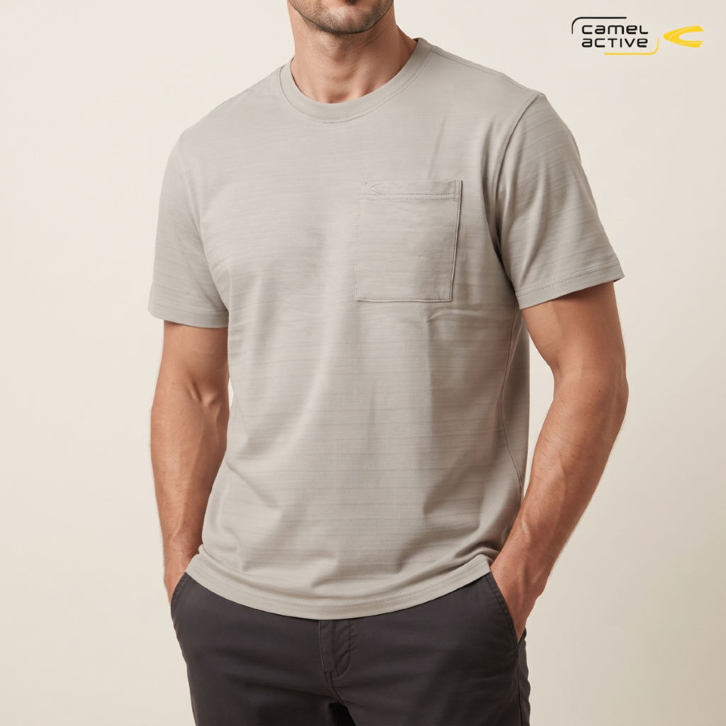camel active Men's Beige Cotton Baby Terry Stripe Loose Fit T- Shirt Kaos Oversize