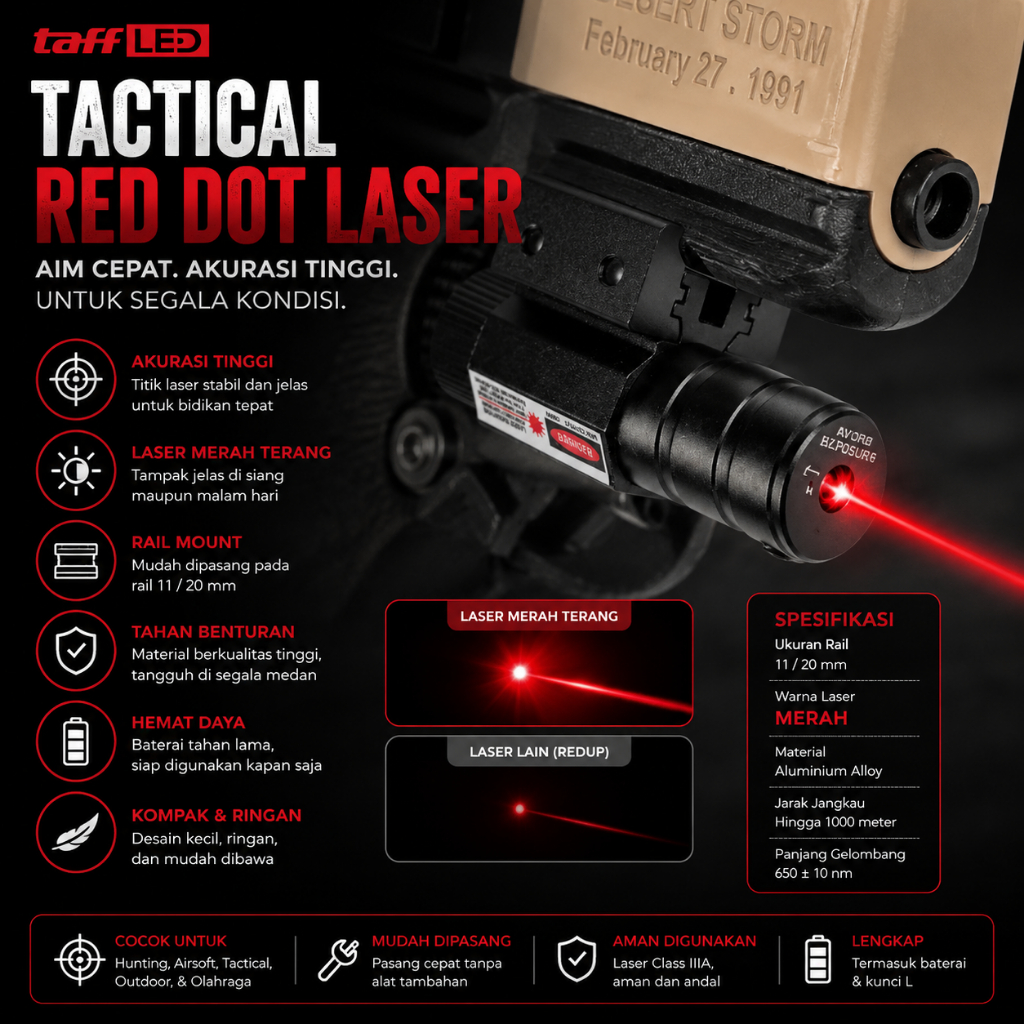 COD TaffLED Laser Senapan Jarak Jauh Warna Merah Siang Malam 11/20mm - HJ11