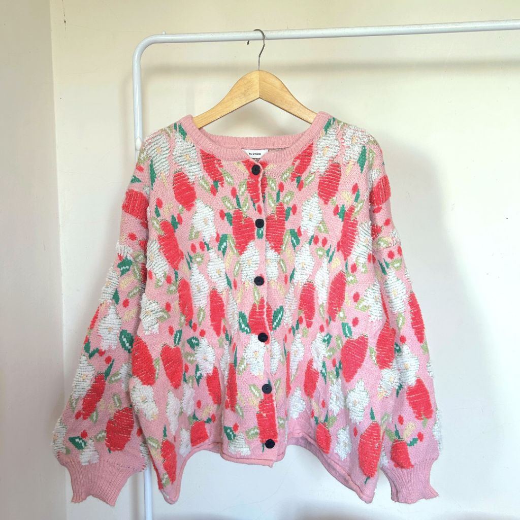 cardigan bunga sherpa timbul pink cantik