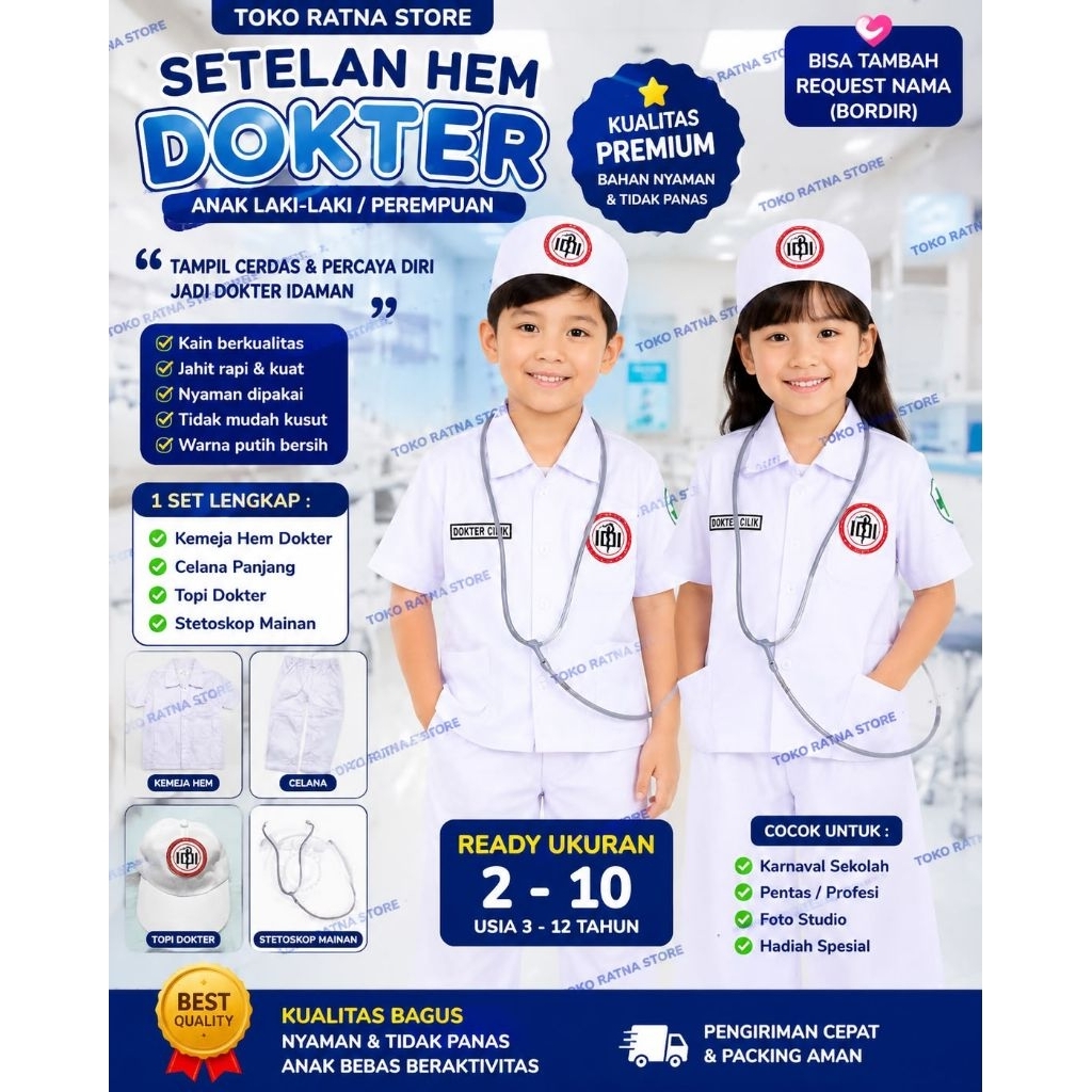 BAJU DOKTER ANAK LENGAN PENDEK PAUD-TK-SD /SETELAN BAJU DOKTER ANAK PAUD-TK -SD LENGAN PENDEK