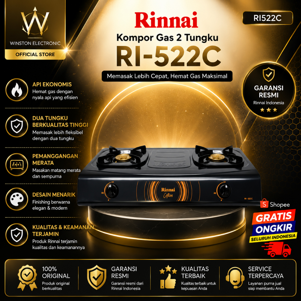 RINNAI KOMPOR GAS 2 TUNGKU RI-522C/RI522C/RI522 C/RI 522C/RI-522 C/RI 522 C/RINNAI ORIGINAL GARANSI